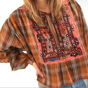 Kimchi Blue Urban Outfitters Plaid Boho Embellished High Low Boxy Cropped Blouse